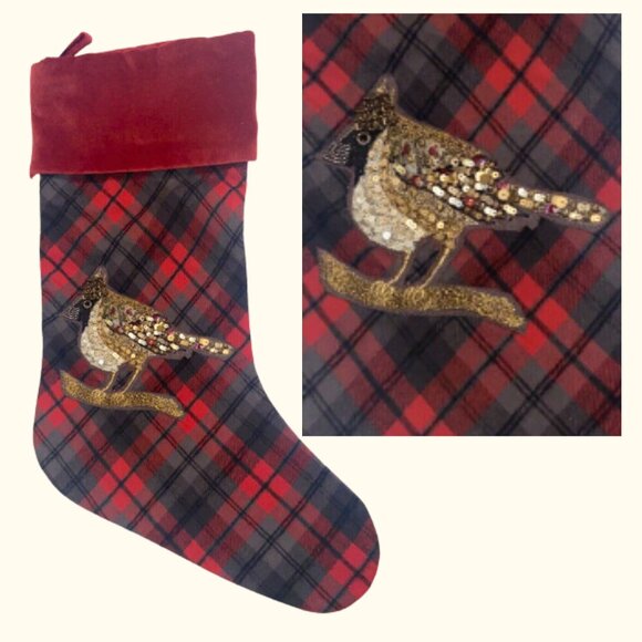 Pottery Barn Cardinal Christmas Stocking Plaid Beads and Sequins Red Gray - Picture 3 of 4
